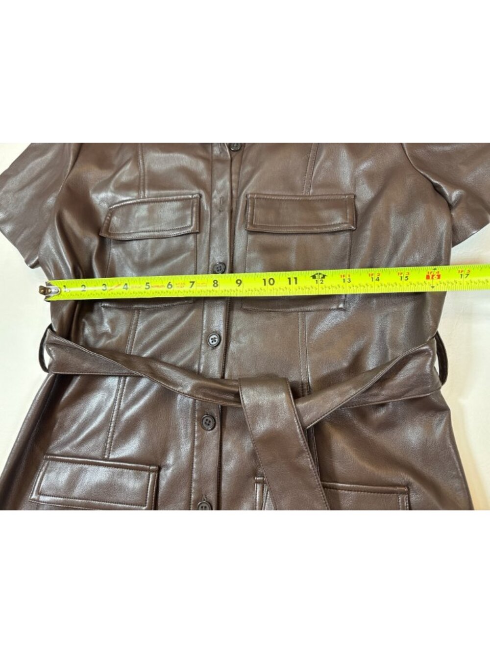 Amanda Uprichard Brown Faux Leather Belted Shirt Dress M Short Sleeve (MM731) - Picture 6 of 10